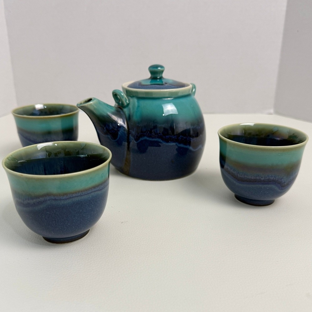 Teavana Japanese Stoneware Tea Set Azure Blue Teapot Cups Coastal Zen Decor‎